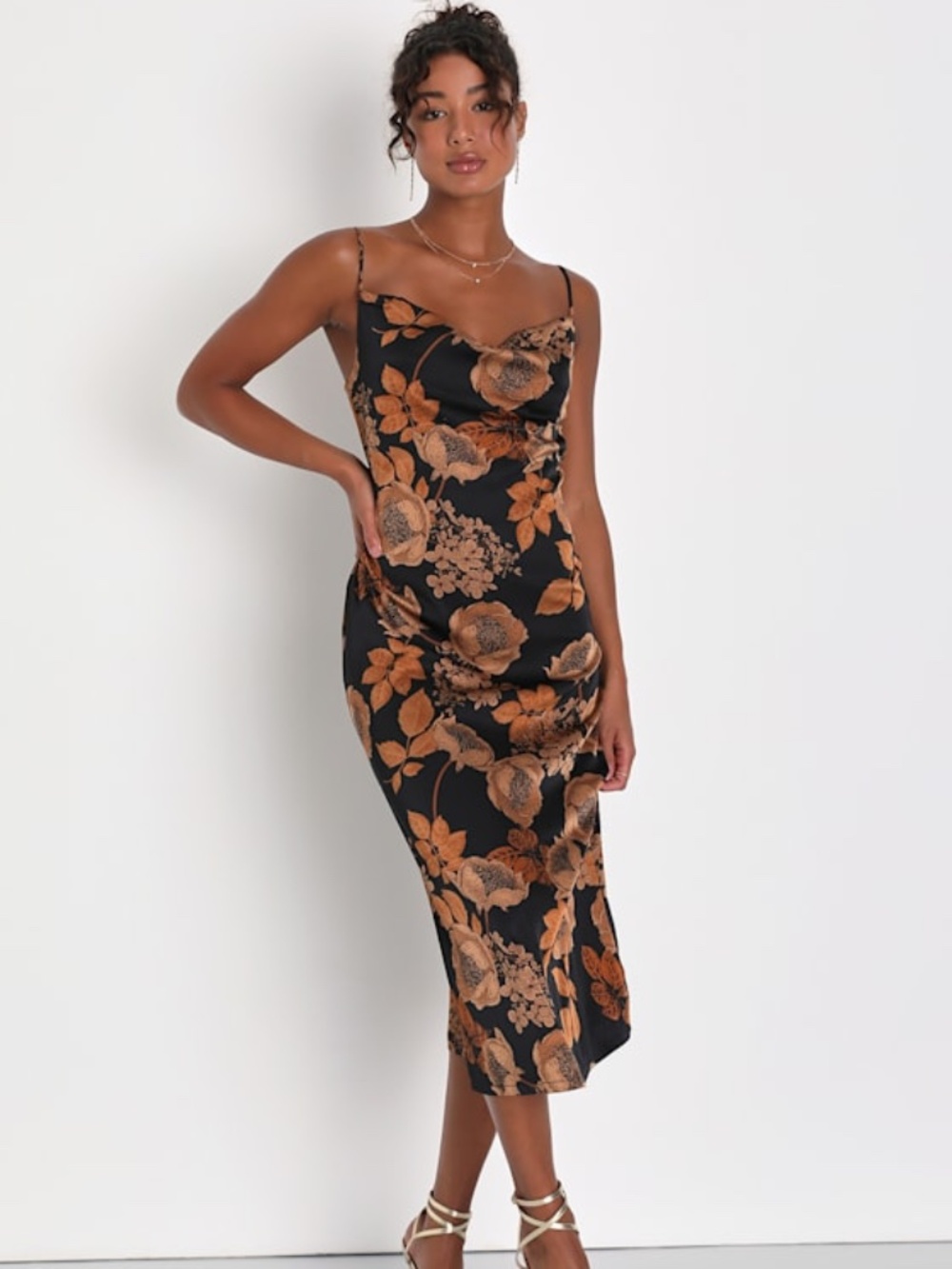 Lulus Favorite Icon Black Floral Satin Cowl Neck Slip Midi Dress - Size M